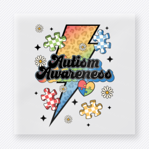 Autism Awareness lightning bolt activist and awareness DTF transfer with colorful puzzle print