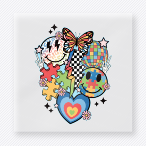 Colorful autism collage heart activist and awareness DTF transfer with puzzle pieces and butterfly