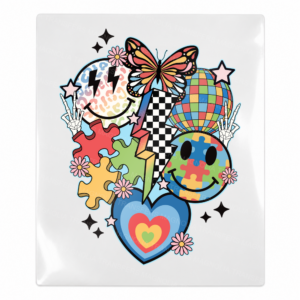 Colorful autism collage heart Activist and Awareness UV Transfer with puzzle pieces and butterfly
