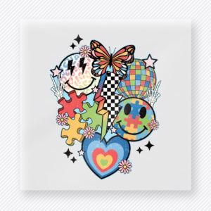 Pastel autism collage heart activist and awareness DTF transfer with puzzle and smiley details