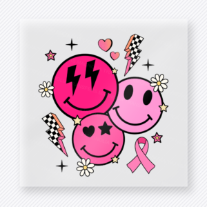 Pink ribbon smiley faces activist and awareness DTF transfer with hearts and flowers