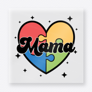 Mama puzzle heart activist and awareness DTF transfer with colorful heart design