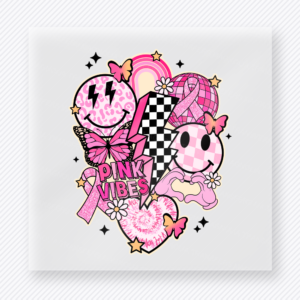 Pink Vibes ribbon collage activist and awareness DTF transfer with smiley and butterfly details