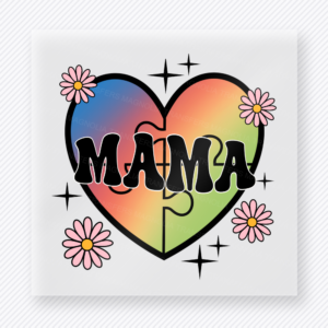 Mama rainbow puzzle heart activist and awareness DTF transfer with flower accents