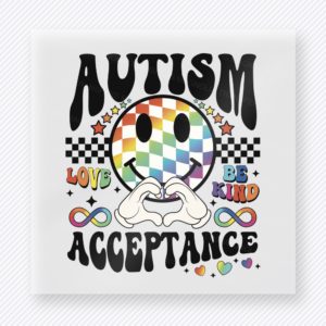 Autism Acceptance Be Kind smiley activist and awareness DTF transfer with patterned face