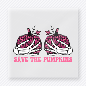 Save The Pumpkins activist and awareness DTF transfer mockup with skeleton hands holding pink leopard pumpkins