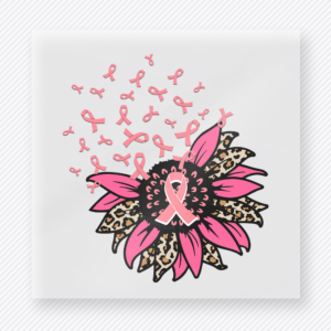 Pink Ribbon Sunflower activist and awareness DTF transfer mockup with sunflower with leopard petals, pink ribbon, and butterfly accents