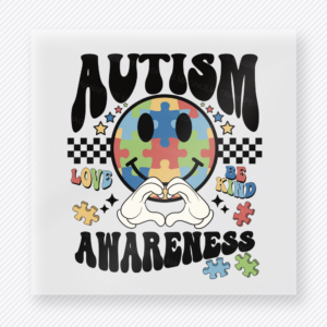 Autism Awareness Smiley activist and awareness DTF transfer mockup with autism awareness smiley with puzzle details and hand-heart gesture