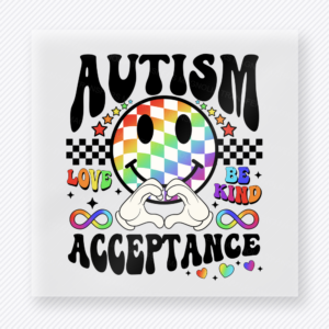 Autism Acceptance Smiley activist and awareness DTF transfer mockup with autism acceptance smiley with puzzle colors and hand-heart gesture