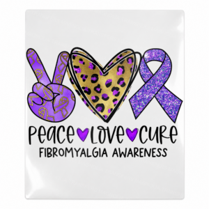 Peace Love Cure fibromyalgia leopard Activist and Awareness UV Transfer with purple ribbon and heart