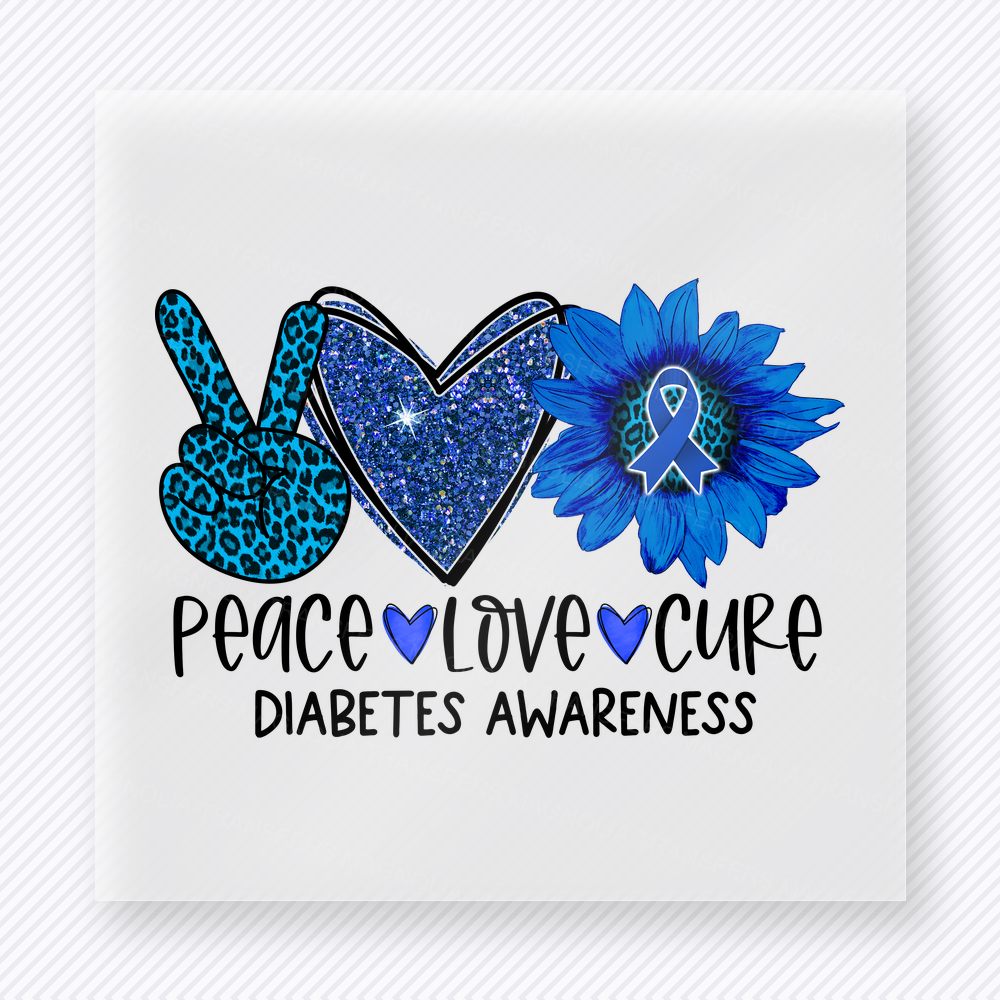 Peace Love Cure Diabetes Sunflower activist and awareness DTF transfer mockup with blue peace hand, heart, sunflower, and ribbon for diabetes awareness