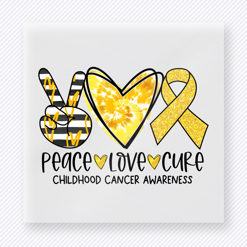 Peace Love Cure Childhood Cancer activist and awareness DTF transfer mockup with gold peace hand, heart, and ribbon for childhood cancer awareness