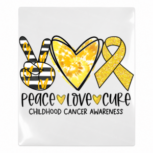 Peace Love Cure childhood cancer Activist and Awareness UV Transfer with gold tie dye heart and ribbon