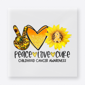 Peace Love Cure Childhood Cancer Sunflower activist and awareness DTF transfer mockup with leopard peace hand, gold heart, sunflower, and ribbon for childhood cancer awareness