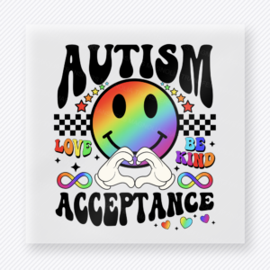 Autism Acceptance Rainbow Smiley activist and awareness DTF transfer mockup with autism acceptance smiley with rainbow puzzle colors and hand-heart gesture