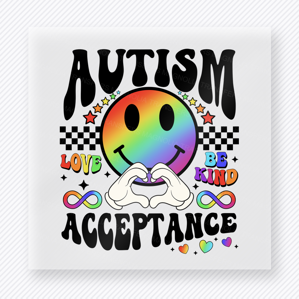 Autism Acceptance Rainbow Smiley activist and awareness DTF transfer mockup with autism acceptance smiley with rainbow puzzle colors and hand-heart gesture