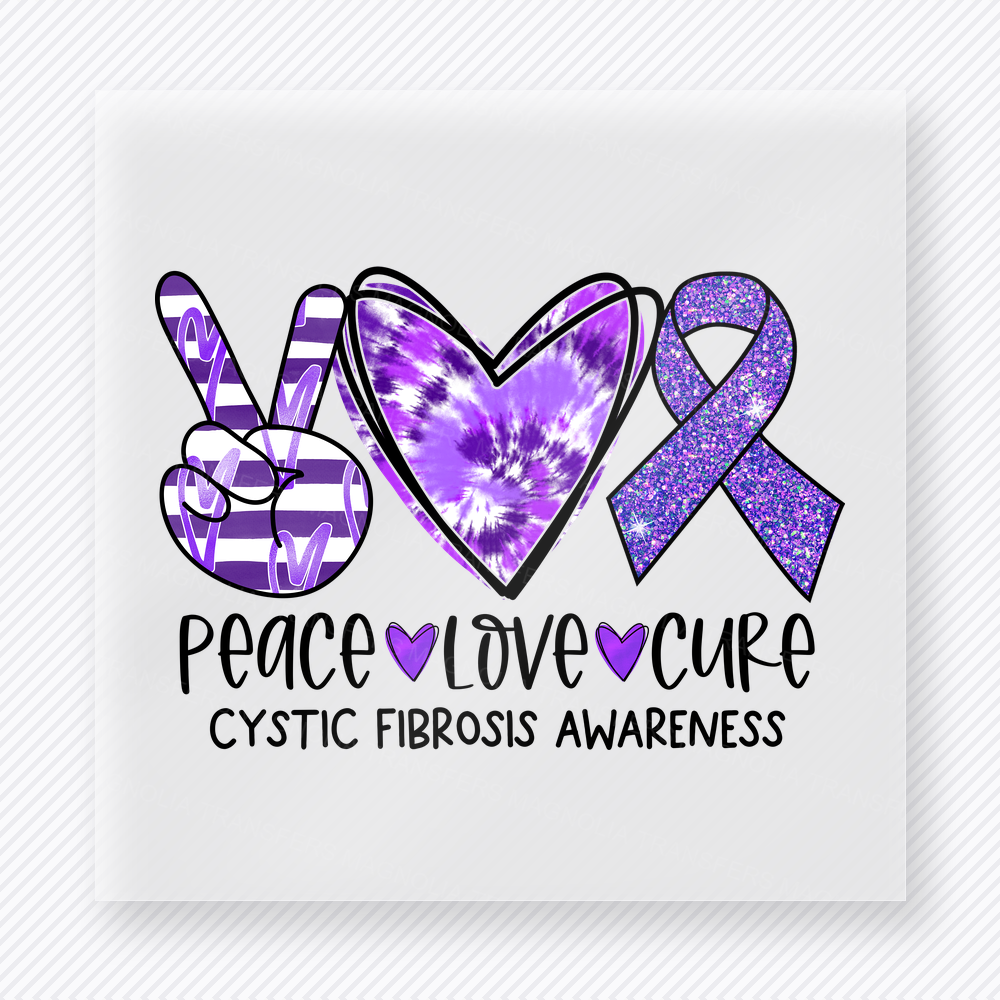 Peace Love Cure Cystic Fibrosis activist and awareness DTF transfer mockup with purple peace hand, heart, and ribbon for cystic fibrosis awareness