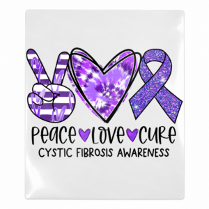 Peace Love Cure cystic fibrosis Activist and Awareness UV Transfer with purple tie dye heart and ribbon