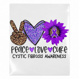 Peace Love Cure cystic fibrosis sunflower Activist and Awareness UV Transfer with purple ribbon and sunflower