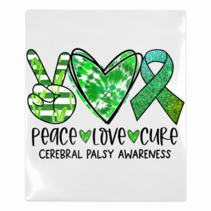 Peace Love Cure cerebral palsy Activist and Awareness UV Transfer with green tie dye heart and ribbon
