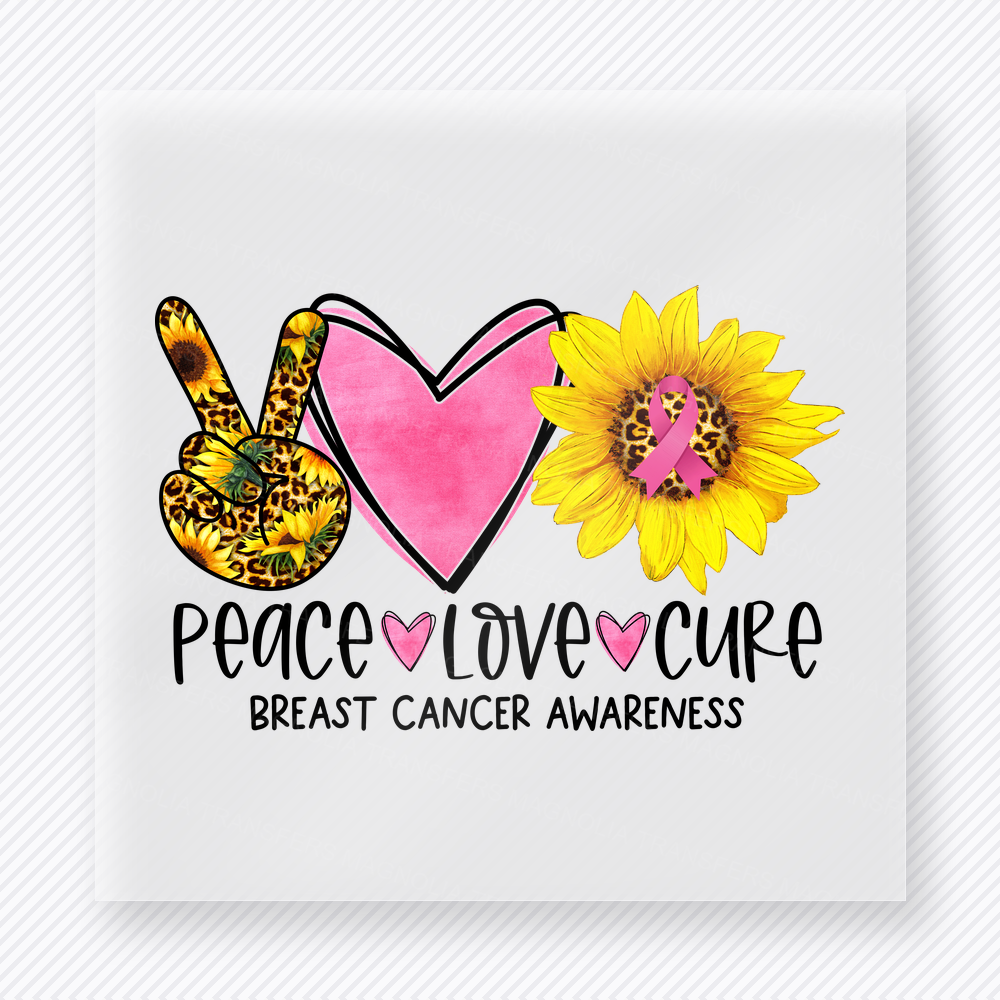 Peace Love Cure Breast Cancer Sunflower activist and awareness DTF transfer mockup with leopard peace hand, pink heart, sunflower, and ribbon for breast cancer awareness
