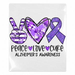 Peace Love Cure Alzheimers Activist and Awareness UV Transfer with purple tie dye heart and ribbon