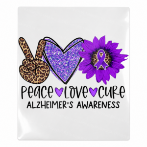 Peace Love Cure Alzheimers sunflower Activist and Awareness UV Transfer with purple ribbon and sunflower