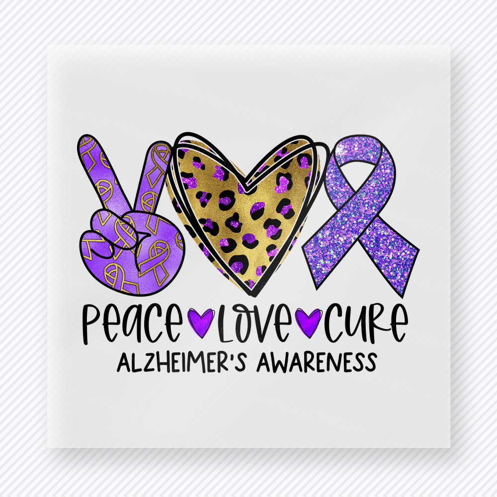 Peace Love Cure Alzheimers Leopard Heart activist and awareness DTF transfer mockup with purple peace hand, leopard heart, and ribbon for Alzheimers awareness