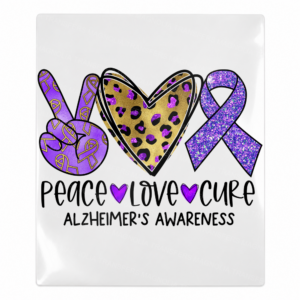 Peace Love Cure Alzheimers leopard Activist and Awareness UV Transfer with purple ribbon and leopard heart