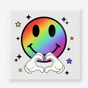 Rainbow Smiley Heart Hands Color activist and awareness DTF transfer mockup with rainbow smiley face with heart hands and star accents