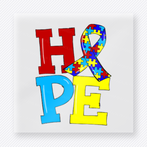 Hope Primary Colors Autism Ribbon activist and awareness DTF transfer mockup with red, blue, and yellow Hope lettering with puzzle ribbon