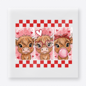 Three highland cows with bubblegum animals and pets DTF transfer