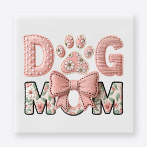 Dog Mom pink bow animals and pets DTF transfer with floral lettering