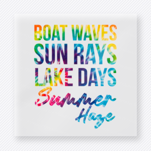 Boat waves sun rays lake days summer haze beach and summer DTF transfer with colorful lettering