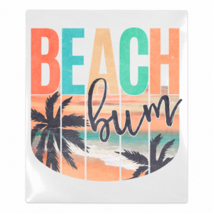 Beach Bum Palm Sunset Beach & Summer UV transfer with palm trees, sunset colors, coastal beach artwork