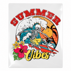 Summer Vibes Skeleton Surfer Beach & Summer UV transfer with summertime lettering, surf-inspired artwork, skeleton hand artwork