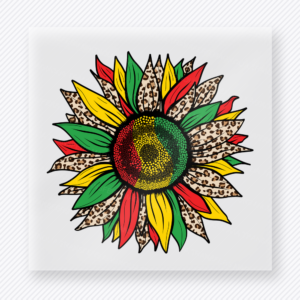 BLM DTF transfer with large patterned sunflower in black red gold and green