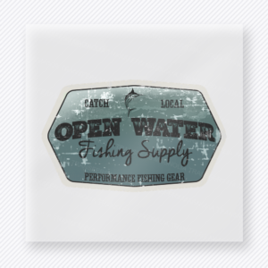 Open Water Fishing Supply Weathered Gray DTF transfer mockup with open Water Fishing Supply wording appears on a weathered gray badge with Catch Local and Performance Fishing Gear details.
