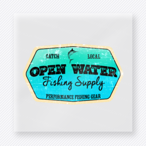Open Water Fishing Supply Teal DTF transfer mockup with open Water Fishing Supply wording appears on a teal badge with Catch Local and Performance Fishing Gear details.