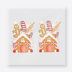 Gingerbread House Trio Christmas DTF transfer featuring gingerbread houses with candy cane and pastel holiday accents