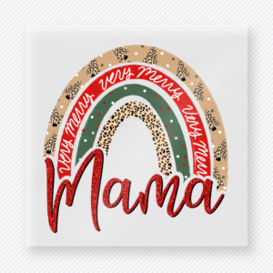 Mama Christmas Rainbow Christmas DTF transfer featuring Mama script with leopard rainbow and Christmas word accents