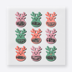 Reindeer Names Christmas DTF transfer featuring colorful reindeer name grid with Dasher, Dancer, Prancer, and more