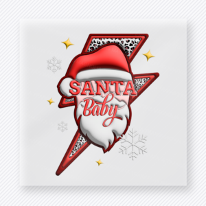 Santa Babe Lightning Bolt Christmas DTF transfer featuring Santa Babe design with leopard lightning bolt and Santa face
