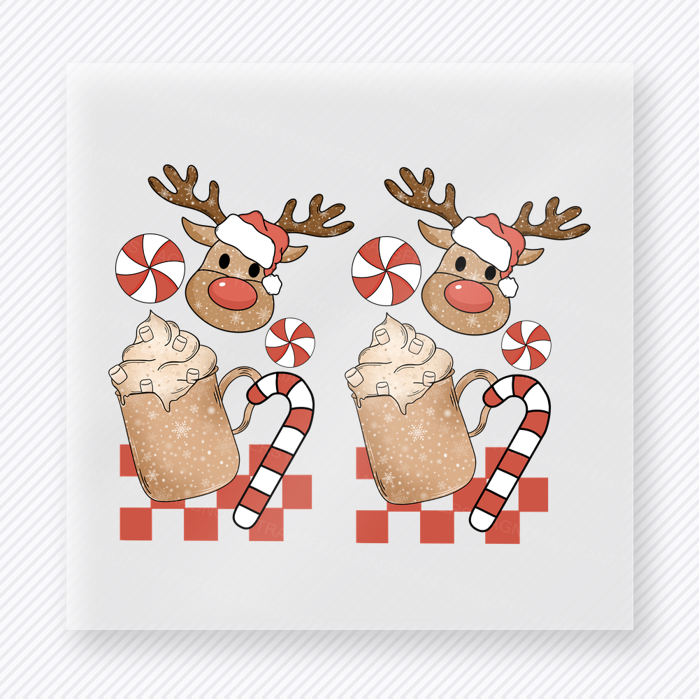 Reindeer Cocoa Pair Christmas DTF transfer featuring two reindeer cocoa mugs with candy cane accents