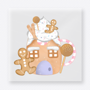 Pastel Gingerbread House Christmas DTF transfer featuring pastel gingerbread house with cookies and lollipop accents