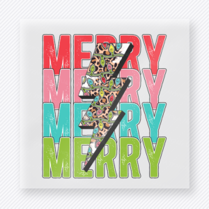 Merry Lightning Bolt Christmas DTF transfer featuring colorful Merry Christmas design with patterned lightning bolt and stacked lettering