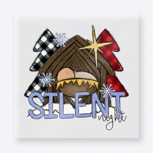 Silent Night Nativity Christmas DTF transfer featuring rustic nativity manger with buffalo plaid and Silent Night lettering