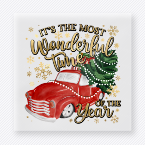 Most Wonderful Time Of The Year Red Truck Christmas DTF transfer featuring red vintage truck with Christmas tree and Most Wonderful Time of the Year text
