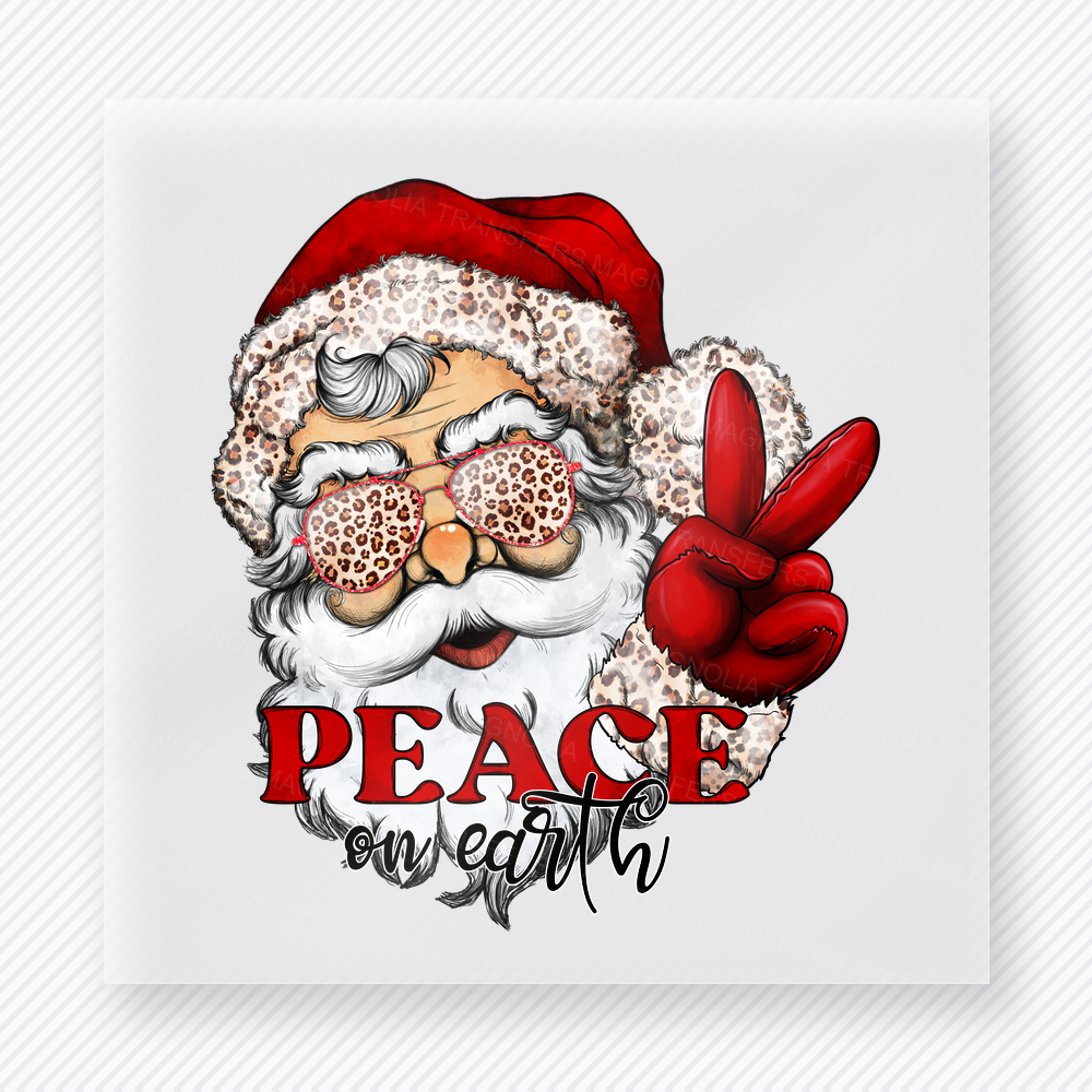 Peace Out Santa Christmas DTF transfer featuring Santa face with leopard sunglasses and Peace Out text