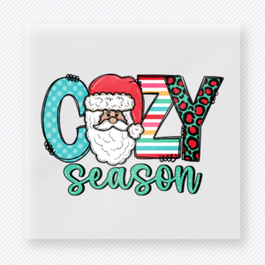 Cozy Season Santa Lights Christmas DTF transfer featuring Cozy Season lettering with Santa face and holiday lights